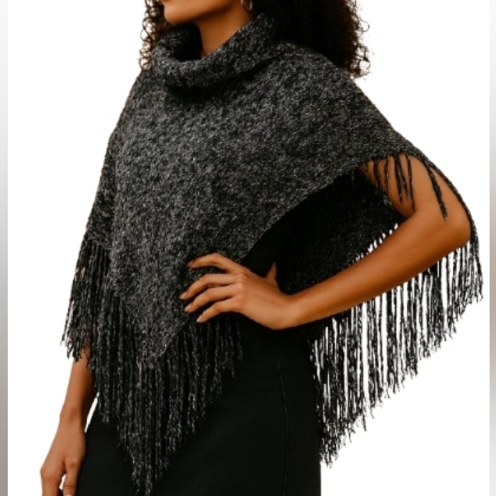 Tickled Pink Cowl Neck Shoulder Pancho Black White Small/Medium